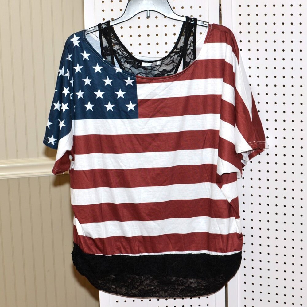 Plus Size 5X American USA Flag Off-Shoulder Top With Two-Fer Lace Tank Layer